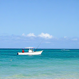 Caribbean Holidays, Cayman Fishing, Anglers casting lines from a small boat across clear turquoise Caribbean water near Grand Cayman, bright tropical daylight