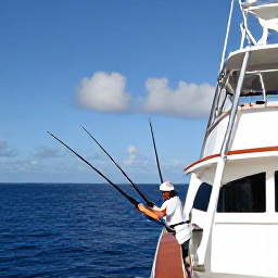 Caribbean Holidays, Cayman Fishing, Anglers deep sea fishing from a modern charter boat off Grand Cayman, blue open ocean and fishing rods bending over the rail