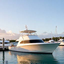 Caribbean Holidays, Cayman Fishing April, A bright April morning at a Cayman Islands marina, with a comfortable sport fishing boat ready to leave and calm turquoise water beyond