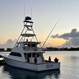 Caribbean Holidays, Cayman Fishing April, A relaxed evening at a Cayman Islands harbour, with anglers returning from a successful April fishing trip as the sun sets over the Caribbean Sea