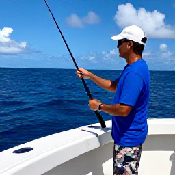 Caribbean Holidays, Cayman Fishing April, An experienced Caymanian fishing captain helping visitors prepare rods and tackle on a shaded boat deck before an April fishing trip