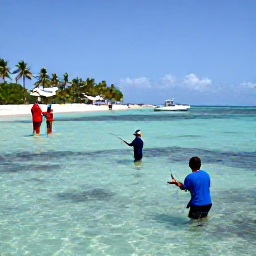 Caribbean Holidays, Cayman Fishing April, Visitors fishing beside the clear shallow reef waters of Grand Cayman, with palm-fringed coastline and a small boat in the background