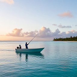 Caribbean Holidays, Cayman Fishing August, Angler on a small boat casting at sunrise over calm turquoise Caribbean water near the Cayman Islands