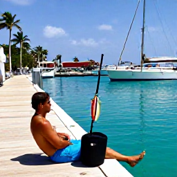 Caribbean Holidays, Cayman Fishing August, Angler relaxing beside fishing gear on a bright Cayman Islands marina with palm trees and turquoise sea