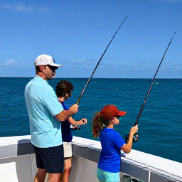 Caribbean Holidays, Cayman Fishing August, Friendly fishing guide helping a family hold fishing rods on a sunny Cayman Islands boat trip