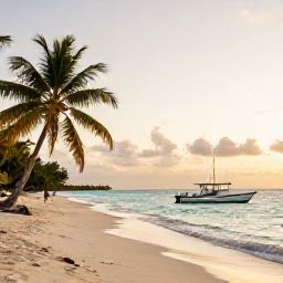 Caribbean Holidays, Cayman Fishing August, Peaceful Cayman Islands beach at golden hour with a small fishing boat offshore and palm trees