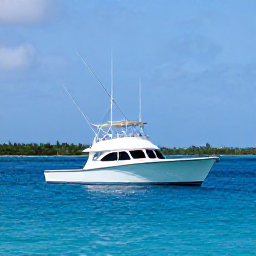 Caribbean Holidays, Cayman Fishing August, Sport fishing charter boat travelling across clear blue water with Grand Cayman coastline in the background