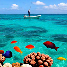 Caribbean Holidays, Cayman Fishing, Colourful reef fish and a local angler fishing from a boat above clear shallow water near Cayman Islands coral reefs