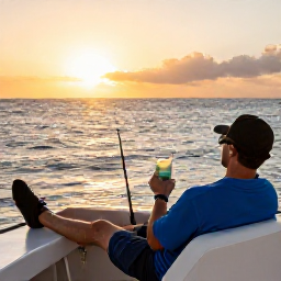 Caribbean Holidays, Cayman Fishing December, Angler relaxing with a cold drink after fishing, boat deck overlooking a golden sunset and the calm Caribbean Sea near Grand Cayman