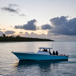 Caribbean Holidays, Cayman Fishing December, Anglers on a bright charter boat leaving Grand Cayman harbour at sunrise, calm Caribbean Sea, tropical coastline