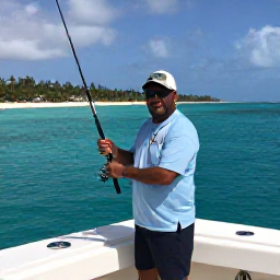 Caribbean Holidays, Cayman Fishing December, Friendly fishing guide preparing rods for guests on a Grand Cayman boat, turquoise water and palm-fringed coastline in the background