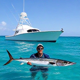 Caribbean Holidays, Cayman Fishing December, Sport fishermen fighting a powerful wahoo beside a charter boat in clear blue Cayman waters, sunny December conditions
