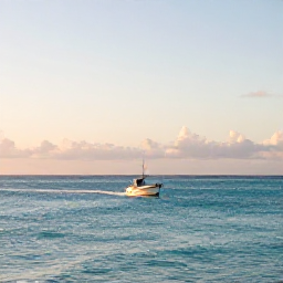 Caribbean Holidays, Cayman Fishing February, A calm turquoise sea off Grand Cayman at sunrise, with a small fishing boat heading towards the horizon