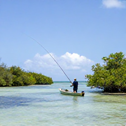 Caribbean Holidays, Cayman Fishing February, A shallow mangrove-lined lagoon in the Cayman Islands with an angler quietly fly fishing from a small skiff