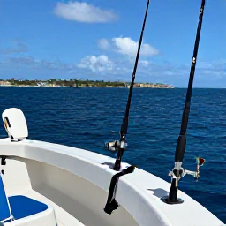 Caribbean Holidays, Cayman Fishing February, Anglers fishing from a charter boat near Grand Cayman, deep blue Caribbean sea, rods in holders and low rugged coastline in the distance