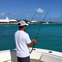Caribbean Holidays, Cayman Fishing February, Friendly fishing guide helping visitors prepare rods on a comfortable Cayman Islands charter boat, sunny marina and turquoise water