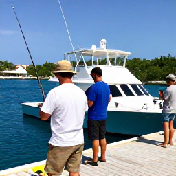 Caribbean Holidays, Cayman Fishing February, Friendly local fishing guides preparing rods and tackle on a charter boat in a Cayman Islands marina