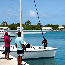 Caribbean Holidays, Cayman Fishing, Friendly holidaymakers returning to a Cayman Islands marina after a fishing trip, tropical waterfront, boats and relaxed island atmosphere