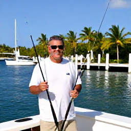 Caribbean Holidays, Cayman Fishing, Friendly local fishing guide preparing rods on a charter boat in a Cayman Islands marina, with palm trees and calm blue water behind
