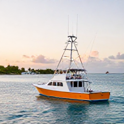 Caribbean Holidays, Cayman Fishing June, A colourful fishing boat heading out from Grand Cayman at sunrise, calm Caribbean sea and tropical coastline