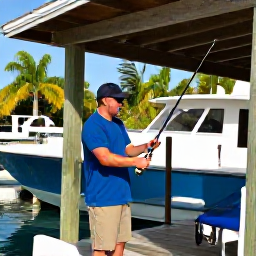 Caribbean Holidays, Cayman Fishing June, A friendly Cayman Islands fishing guide preparing rods and tackle on a shaded marina pontoon, with boats and palm trees behind