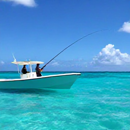 Caribbean Holidays, Cayman Fishing June, An angler casting from a boat over clear turquoise water near Grand Cayman, with a professional guide and bright tropical sky