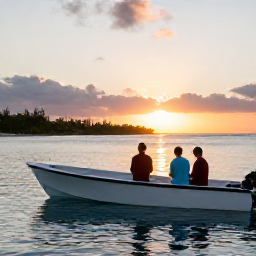 Caribbean Holidays, Cayman Fishing June, Anglers relaxing after a Cayman fishing trip beside a small boat, with a sunset over the Caribbean and Grand Cayman coastline