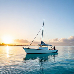 Caribbean Holidays, Cayman Fishing March, A bright Caribbean sunrise over calm turquoise sea beside Grand Cayman, with a fishing boat preparing for a day offshore