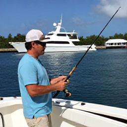 Caribbean Holidays, Cayman Fishing March, A friendly local fishing guide helping visitors prepare rods and tackle on a modern boat in Grand Cayman harbour