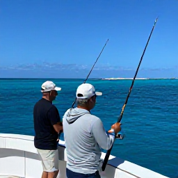 Caribbean Holidays, Cayman Fishing March, Anglers enjoying a deep-sea fishing trip in clear blue water near Grand Cayman, with rods set and a sunny Caribbean horizon