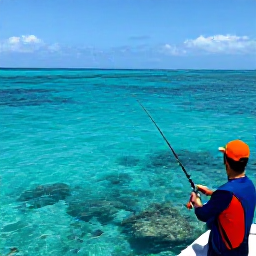 Caribbean Holidays, Cayman Fishing May, Angler casting beside a shallow coral reef in clear Cayman Islands water, colourful fish visible beneath the surface