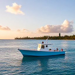 Caribbean Holidays, Cayman Fishing May, Angler on a bright Caribbean fishing boat off Grand Cayman at sunrise, calm turquoise sea and distant island coastline
