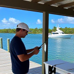 Caribbean Holidays, Cayman Fishing May, Friendly Cayman Islands fishing guide preparing tackle on a shaded marina dock, tropical boats and calm water in the background