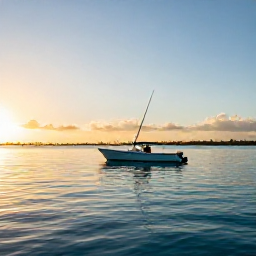 Caribbean Holidays, Cayman Fishing November, Angler on a calm turquoise sea near Grand Cayman at sunrise, fishing boat and low tropical horizon