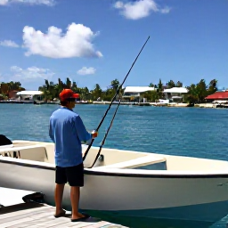 Caribbean Holidays, Cayman Fishing November, Friendly Cayman Islands fishing guide helping holidaymakers prepare rods beside a small boat at a sunny marina
