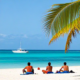 Caribbean Holidays, Cayman Fishing November, Holidaymakers relaxing on a Grand Cayman beach after fishing, tropical palms, clear water and fishing boat in the distance
