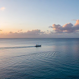 Caribbean Holidays, Cayman Fishing October, A calm blue sea off Grand Cayman at sunrise, with a small fishing boat heading towards the horizon