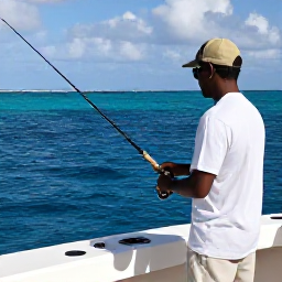 Caribbean Holidays, Cayman Fishing October, A friendly Caymanian fishing captain helping visitors prepare rods and tackle on a boat near Grand Cayman