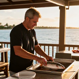 Caribbean Holidays, Cayman Fishing October, Freshly caught fish being prepared at a relaxed waterfront restaurant in Grand Cayman during the golden afternoon light