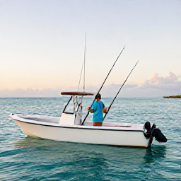 Caribbean Holidays, Cayman Fishing September, Angler on a small boat at sunrise over calm turquoise Caribbean water near Grand Cayman, with fishing rods ready