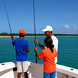 Caribbean Holidays, Cayman Fishing September, Friendly local fishing guide helping a family fish from a boat near the Cayman Islands, sunny sea and coastline behind them