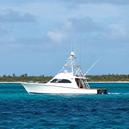 Caribbean Holidays, Cayman Fishing September, Sport fishing boat travelling across bright blue Caribbean sea off Grand Cayman, with low green coastline in the background