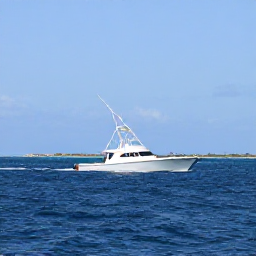 Caribbean Holidays, Cayman Fishing, Sport fishing boat heading towards the open Caribbean Sea off Grand Cayman, with deep blue water and a low tropical horizon
