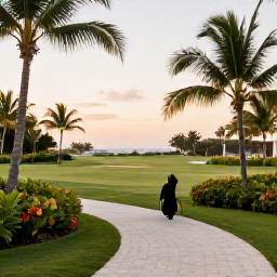 Caribbean Holidays, Cayman Golf Holidays, A comfortable Cayman Islands resort with a golf bag, tropical gardens and a peaceful February afternoon atmosphere