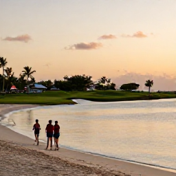 Caribbean Holidays, Cayman Golf Holidays, A couple walking beside a calm sandy beach in Grand Cayman at sunset after a day of golf