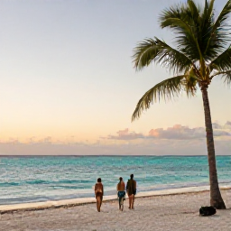 Caribbean Holidays, Cayman Golf Holidays, A couple walking beside the turquoise sea on Seven Mile Beach in Grand Cayman at sunset, with palm trees and a peaceful November holiday atmosphere