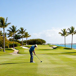 Caribbean Holidays, Cayman Golf Holidays, A golfer enjoying a sunny round on Grand Cayman with palm-fringed fairways and a calm tropical atmosphere