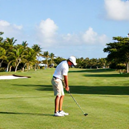 Caribbean Holidays, Cayman Golf Holidays, A golfer preparing to tee off on a well-kept Cayman Islands course beside tropical greenery
