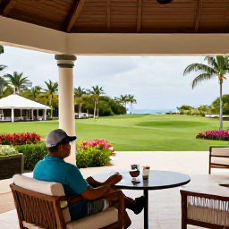 Caribbean Holidays, Cayman Golf Holidays, A golfer relaxing at a stylish clubhouse after a round on Grand Cayman, with refreshments, tropical gardens and a calm Caribbean atmosphere