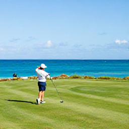 Caribbean Holidays, Cayman Golf Holidays, A golfer teeing off beside turquoise Caribbean sea on a sunny Grand Cayman golf course